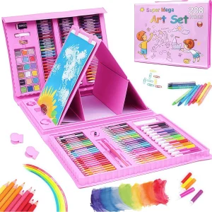 208 PCS Art Supplies, Drawing Art Kit for Kids, Double Sided Easel, Oil Pastels, Crayons, Colored Pencils, Watercolor Pens Gift